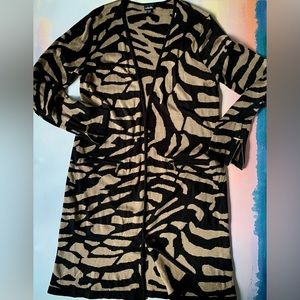 RAFAELLA Maxi Sweater Coat Black Tan Animal Print Multi Gold Zippers Exc Cond!
